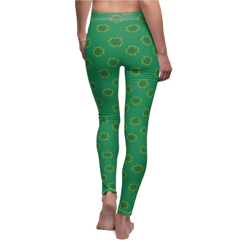 Green St. Patrick's Day Green Clover Print Women's Dressy Long Casual Leggings- Made in USA-Casual Leggings-White Seams-M-Heidi Kimura Art LLC