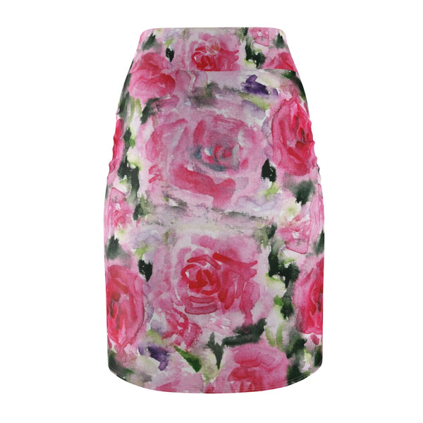 Pink Misty Rose Floral Designer Women's Mid-Waist Pencil Skirt - Made in USA-Pencil Skirt-Heidi Kimura Art LLC