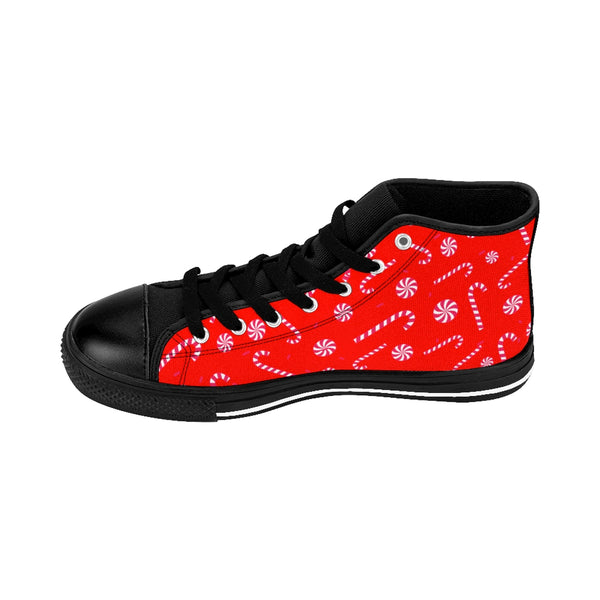 Bright Red Christmas Red White Candy Cane Men's High-Top Sneakers Shoes-Men's High Top Sneakers-Heidi Kimura Art LLC