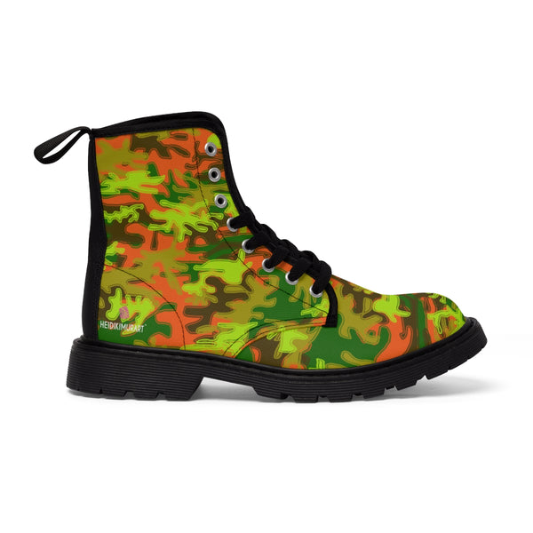 Orange Green Camo Women's Boots, Army Military Print Best Winter Laced Up Canvas Boots For Women (US Size 6.5-11)