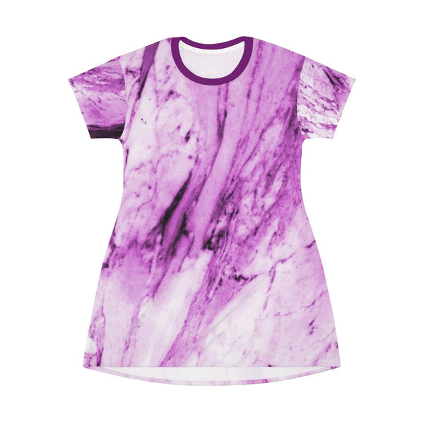 Purple Pink Marble Abstract Print Designer Crew Neck Long T-shirt Dress-Made in USA-T-Shirt Dress-Heidi Kimura Art LLC