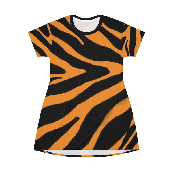 Orange Zebra Print T-Shirt Dress, Zebra Animal Print Designer Crew Neck Women's Long Tee T-shirt Fashion Dress-Made in USA (US Size: XS-2XL)