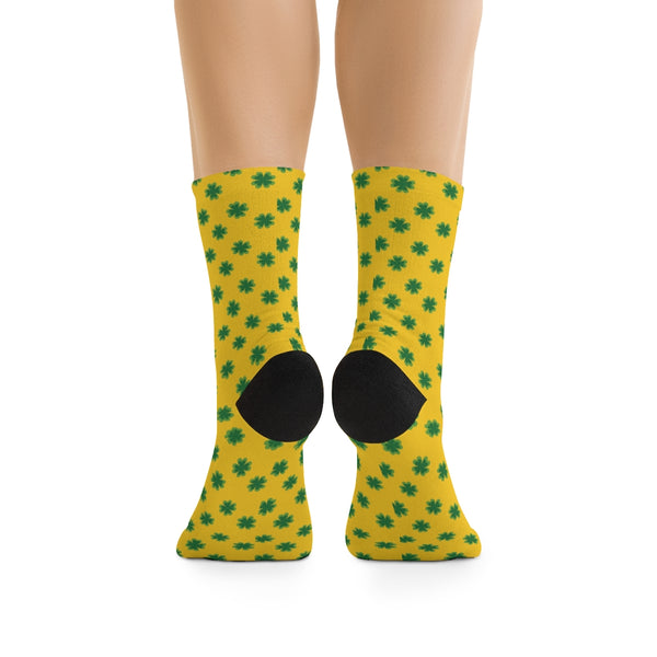 Yellow Green St. Patrick's Day Clover Print Unisex One Size Premium Socks- Printed in USA-Socks-One size-Heidi Kimura Art LLC