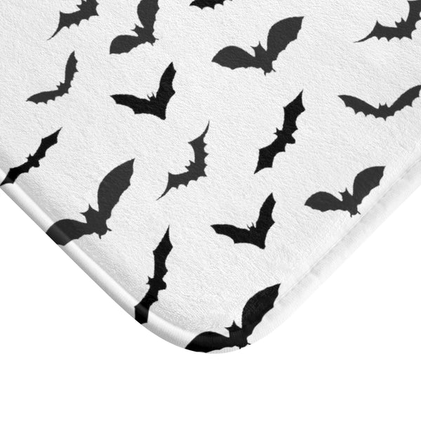 Bats Print Halloween Bath Mat, Black White Flying Bats Designer Bath Rug-Made in USA-Bath Mat-Heidi Kimura Art LLC