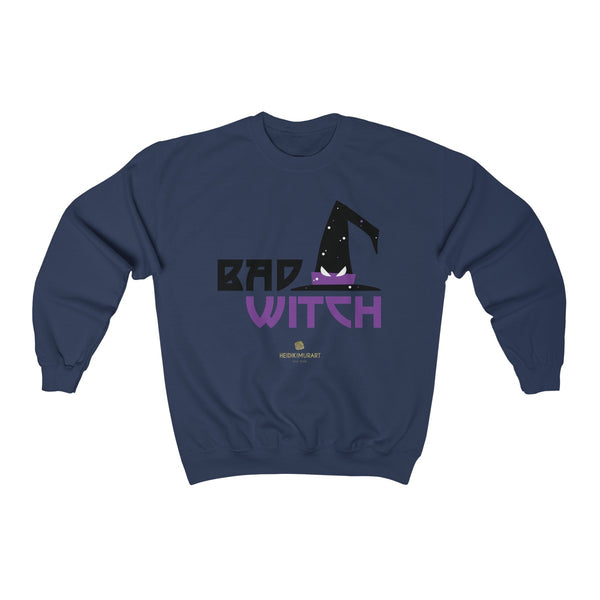 Halloween Sweatshirt, Bad Witch Unisex Heavy Blend Crewneck Shirt-Made in USA (US Size: S-5XL)-Long-sleeve-Navy-S-Heidi Kimura Art LLC