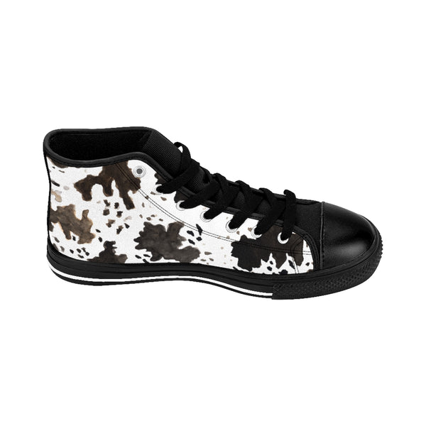 Milk Cow Print White Brown Black 5" Calf Height Women's High-Top Sneakers Running Shoes, (US Size: 6-12)-Women's High Top Sneakers-Heidi Kimura Art LLC