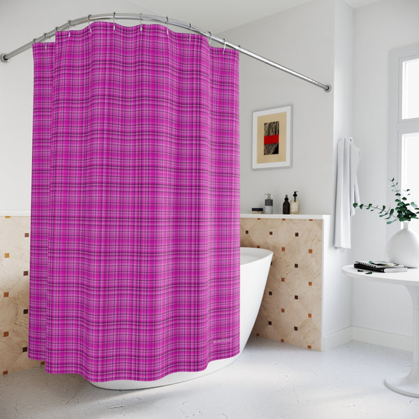 Pink Plaid Polyester Shower Curtain, Plaid Tartan Scottish Style Print Christmas Winter Holiday Festive 71" × 74" Modern Kids or Adults Colorful Best Premium Quality American Style One-Sided Luxury Durable Stylish Unique Interior Bathroom Shower Curtains - Printed in USA
