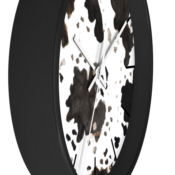 Cow Print White Black Brown Indoor Wooden Frame 10" Dia. Wall Clock - Made in USA-Wall Clock-Heidi Kimura Art LLC