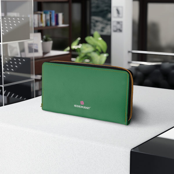 Dark Green Color Zipper Wallet, Solid Green Color Best 7.87" x 4.33" Luxury Cruelty-Free Faux Leather Women's Wallet & Purses Compact High Quality Nylon Zip & Metal Hardware, Luxury Long Wallet With Cardholders For Modern Women