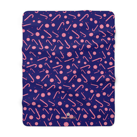 Dark Blue White Red Candy Cane Christmas Print Cozy Sherpa Fleece Blanket-Blanket-60" x 80"-Heidi Kimura Art LLC