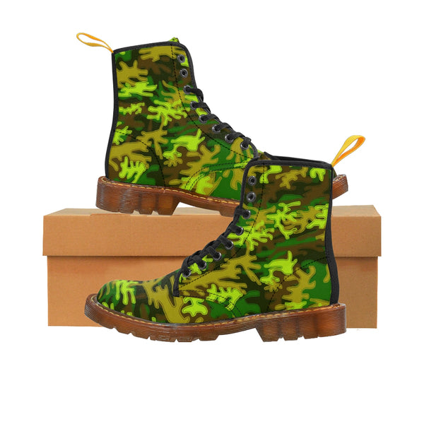 Bright Green Camouflage Military Army Print Men's Canvas Winter Laced Up Boots-Men's Boots-Brown-US 8-Heidi Kimura Art LLC