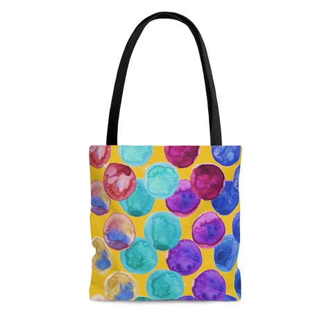 Yellow Watercolor Dots Tote Bag, Abstract Watercolor Dotted Print Designer Colorful Square 13"x13", 16"x16", 18"x18" Premium Quality Market Tote Bag - Made in USA