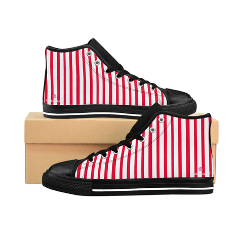 Red Striped Men's High-top Sneakers, Red White Modern Stripes Men's High Tops, High Top Striped Sneakers, Striped Casual Men's High Top For Sale, Fashionable Designer Men's Fashion High Top Sneakers, Tennis Running Shoes (US Size: 6-14)