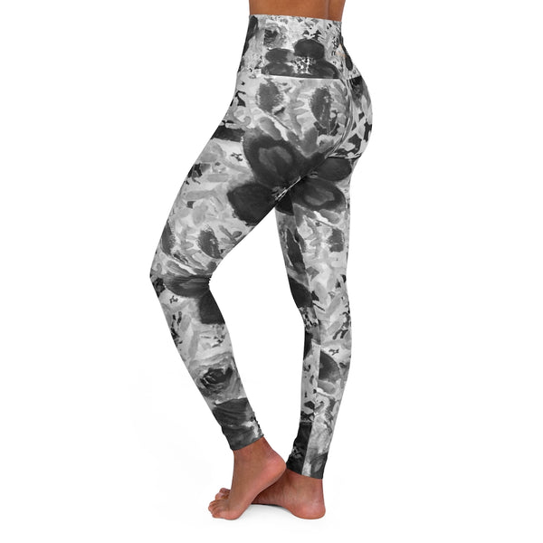 Floral High Waisted Yoga Leggings, Black Grey White Flower Print Women's Tights-All Over Prints-Printify-Heidi Kimura Art LLC Floral High Waisted Yoga Leggings, Black Grey White Flower Print Best Ladies High Waisted Skinny Fit Yoga Leggings With Double Layer Elastic Comfortable Waistband, Premium Quality Best Stretchy Long Yoga Pants For Women-Made in USA