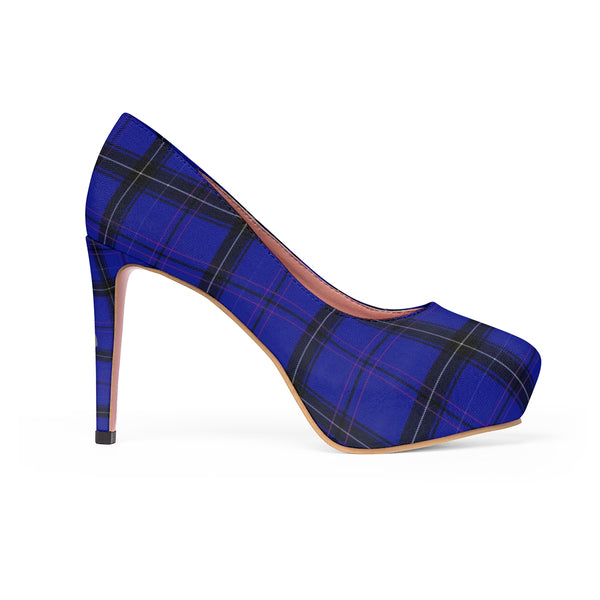 Dark Blue Tartan Scottish Plaid Print Women's Platform Heels Pumps (US Size: 5-11)-4 inch Heels-Heidi Kimura Art LLC