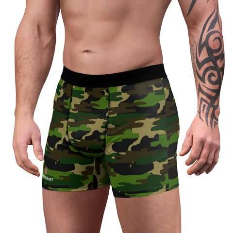 Green Brown Camo Men's Boxers, Army Camouflaged Printed Modern Simple Essential Designer Best Underwear For Men, Best Underwear For Men Sexy Hot Men's Boxer Briefs Hipster Lightweight 2-sided Soft Fleece Lined Fit Underwear - (US Size: XS-3XL)