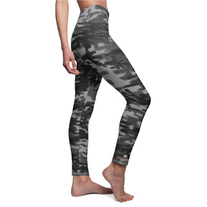 Black Gray Camo Women's Leggings, Army Print Women's Casual Leggings-Made in USA-Casual Leggings-White Seams-M-Heidi Kimura Art LLC