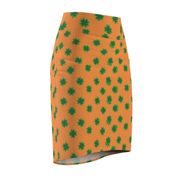 Orange Green Clover Leaf Print St. Patrick's Day Women's Pencil Skirt- Made in USA-Pencil Skirt-Heidi Kimura Art LLC