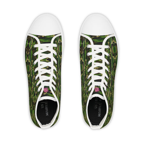 Green Camouflage Men's Sneakers, Best High Tops, Modern Minimalist Best Men's High Top Sneakers, Best Men's High Top Laced Up Black or White Style Breathable Fashion Canvas Sneakers Tennis Athletic Style Shoes For Men (US Size: 5-14) Green Camouflage Men's Sneakers | Camo Army Military Print Best Men's High Top Sneakers | Camo Canvas Print Sneakers For Men (US Size: 5-14)