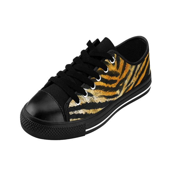 Brown Tiger Striped Men's Low Tops, Animal Print Designer Men's Low Top Sneakers Shoes-Men's Low Top Sneakers-Heidi Kimura Art LLC