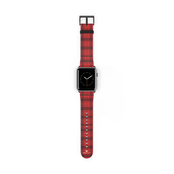 Scottish Red Tartan Plaid Print 38mm/42mm Watch Band For Apple Watch- Made in USA-Watch Band-42 mm-Black Matte-Heidi Kimura Art LLC