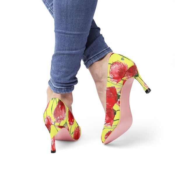 Yellow Cheerful Red Poppy Flower Floral Print Women's 3" High Heels (US Size 5-11)-3 inch Heels-Heidi Kimura Art LLC