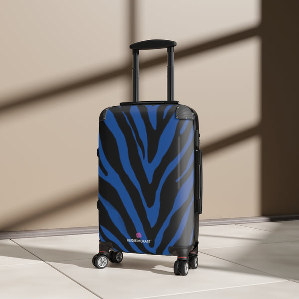 Blue Zebra Striped Print Suitcases, Zebra Striped Animal Print Designer Suitcase Luggage (Small, Medium, Large)