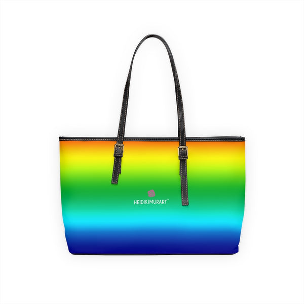 Best Rainbow Best Tote Bag, Gay Pride Colorful Rainbow Ombre PU Leather Shoulder Large Spacious Durable Hand Work Bag 17"x11"/ 16"x10" With Gold-Color Zippers & Buckles & Mobile Phone Slots & Inner Pockets, All Day Large Tote Luxury Best Sleek and Sophisticated Cute Work Shoulder Bag For Women With Outside And Inner Zippers