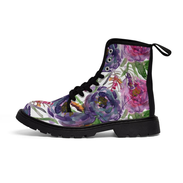Abstract Pink Floral Women's Boots, Purple Pink Mixed Flower Rose Print Elegant Feminine Casual Fashion Gifts, Flower Rose Print Shoes For Rose Lovers, Combat Boots, Designer Women's Winter Lace-up Toe Cap Hiking Boots Shoes For Women (US Size 6.5-11)
