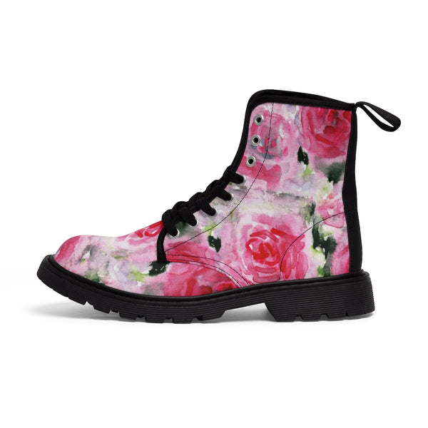 Pink Rose Floral Print Designer Women's Winter Lace-up Toe Cap Boots Shoes (US 6.5-11)-Women's Boots-Black-US 9-Heidi Kimura Art LLC
