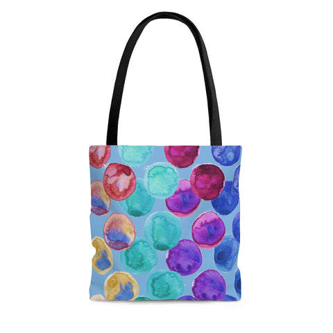 Blue Watercolor Dots Tote Bag, Abstract Watercolor Dotted Print Designer Colorful Square 13"x13", 16"x16", 18"x18" Premium Quality Market Tote Bag - Made in USA