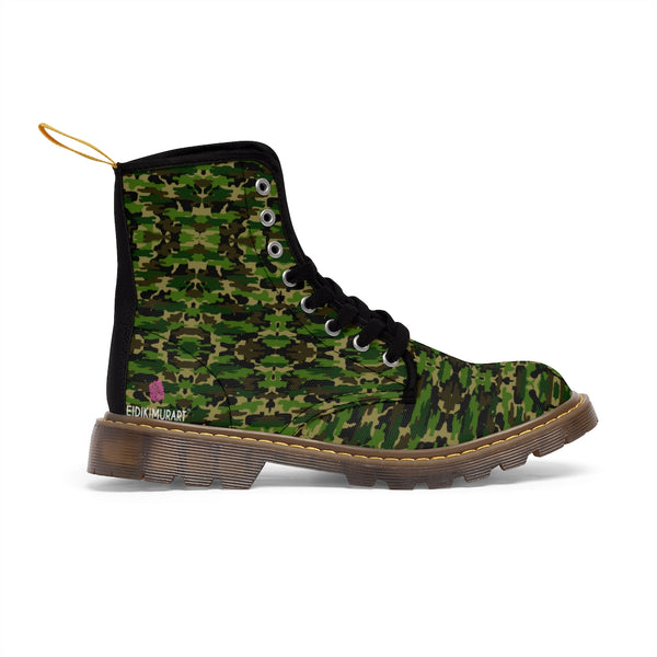 Green Camo Men's Canvas Boots, Multi-Camo Lace Up Combat Canvas Boots Shoes For Men, Best Camouflage Camo Army Military Print Combat Work Hunting Laced Up Hiking Boots, Anti Heat + Moisture Designer Men's Winter Boots Hiking Shoes (US Size: 7-10.5)