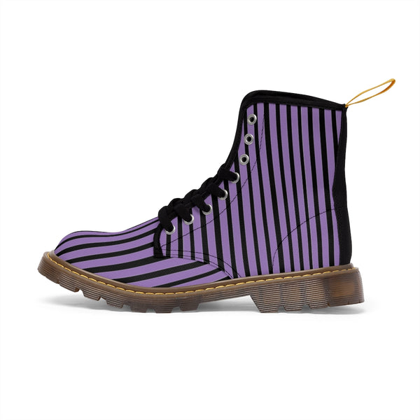 Purple Striped Print Men's Boots, Black Stripes Best Hiking Designer Winter Boots Laced Up Shoes For Men-Shoes-Printify-Heidi Kimura Art LLC