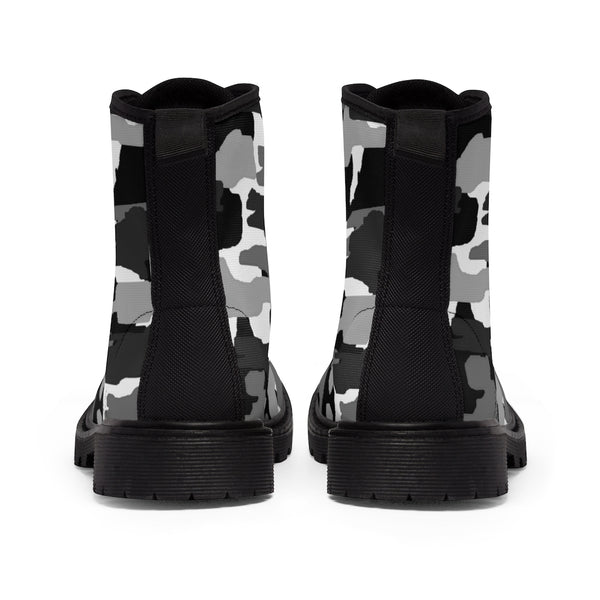 Grey Camo Men's Boots, Gray Black Camouflage Camo Military Combat Work Hunting Boots, Anti Heat + Moisture Designer Men's Winter Boots Hiking Shoes (US Size: 7-10.5)