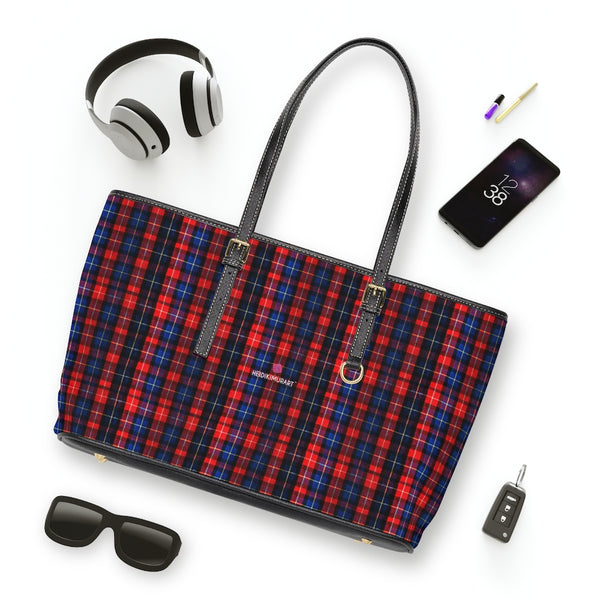 Red Plaid Print Tote Bag, PU Leather Shoulder Hand Work Bag