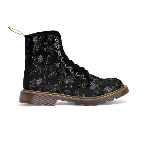 Black Floral Print Women's Boots, Purple Floral Women's Boots, Flower Print Elegant Feminine Casual Fashion Gifts, Flower Rose Print Shoes For Flower Lovers, Combat Boots, Designer Women's Winter Lace-up Toe Cap Hiking Boots Shoes For Women (US Size 6.5-11) Black Floral Boots, Floral Boots Womens, Vintage Style Floral Boots 