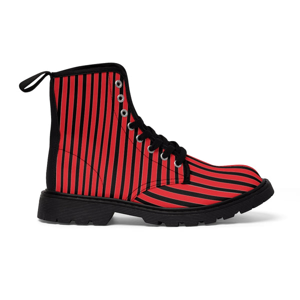 Red Striped Print Men's Boots, Black Stripes Best Hiking Winter Boots Laced Up Shoes For Men-Shoes-Printify-Heidi Kimura Art LLC