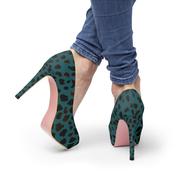 Teal Blue Designer Cow Print Animal Print Luxury Women's Platform Heels-4 inch Heels-Pink-US 7-Heidi Kimura Art LLC