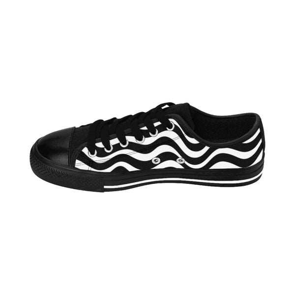 Black White Waves Women's Sneakers, Wavy Abstract Designer Low Top Women's Canvas Bright Best Quality Premium Fashion Casual Sneakers Tennis Running Athletic Shoes (US Size: 6-12)