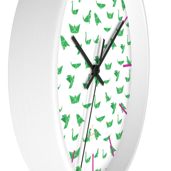 White Green Japanese Crane Print Large Unique 10" Diameter Wall Clocks- Made in USA-Wall Clock-Heidi Kimura Art LLC