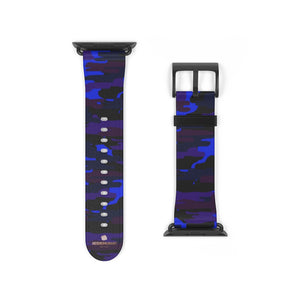 Purple Blue Dark Camo Camouflage Print Watch Band For Apple Watches- Made in USA-Watch Band-38 mm-Black Matte-Heidi Kimura Art LLC