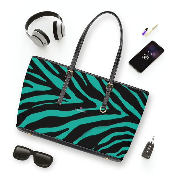 Blue Zebra Tote Bag, Zebra Striped Blue and Black Animal Print PU Leather Shoulder Large Spacious Durable Hand Work Bag 17"x11"/ 16"x10" With Gold-Color Zippers & Buckles & Mobile Phone Slots & Inner Pockets, All Day Large Tote Luxury Best Sleek and Sophisticated Cute Work Shoulder Bag For Women With Outside And Inner Zippers