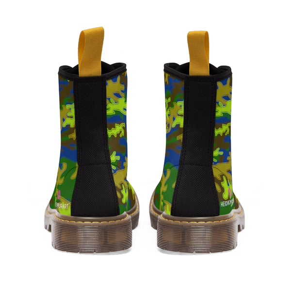 Blue Green Camo Women's Boots, Army Military Print Best Winter Laced Up Canvas Boots For Women (US Size 6.5-11)