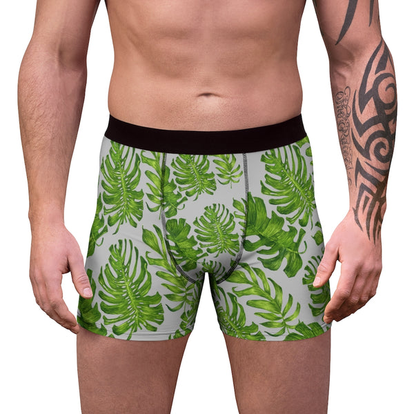 Grey Green Tropical Men's Boxer Briefs, Elastic Palm Leaf Print Sexy Underwear For Men-All Over Prints-Printify-Heidi Kimura Art LLC