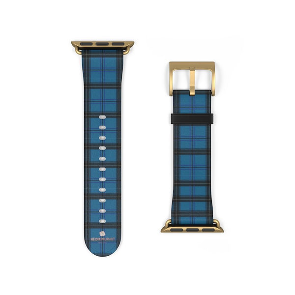Blue Black Plaid Tartan Print Premium 38mm/42mm Designer Watch Band- Made in USA-Watch Band-38 mm-Gold Matte-Heidi Kimura Art LLC