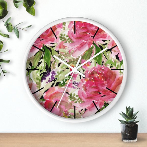 Pink Floral Rose Wall Clock,  Floral 10 inch Diameter Wall Clock, Large Round Wood Girl Children Bedroom Wall Clock