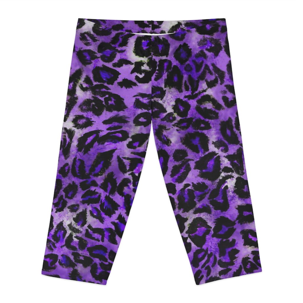 Purple Leopard Women's Capri Leggings, Modern Leopard Animal Print American-Made Best Designer Premium Quality Knee-Length Mid-Waist Fit Knee-Length Polyester Capris Tights-Made in USA (US Size: XS-3XL) Plus Size Available