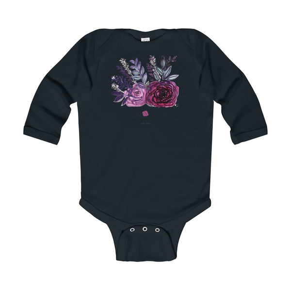 Floral Rose Print Infant Long Sleeve Bodysuit - Made in United Kingdom (Size: 6M-24M)-Kids clothes-Black-12M-Heidi Kimura Art LLC