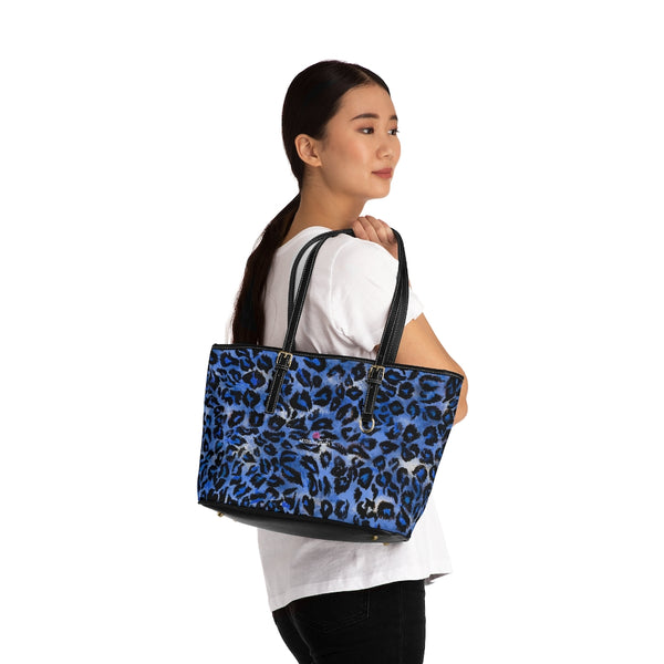 Blue Leopard Print Tote Bag, Best Stylish Leopard Animal Printed PU Leather Shoulder Large Spacious Durable Hand Work Bag 17"x11"/ 16"x10" With Gold-Color Zippers & Buckles & Mobile Phone Slots & Inner Pockets, All Day Large Tote Luxury Best Sleek and Sophisticated Cute Work Shoulder Bag For Women With Outside And Inner Zippers
