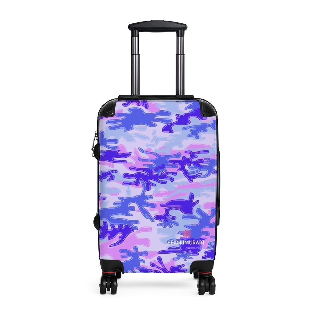 Blue Purple Camo Print Cabin Suitcase, Carry On Luggage With